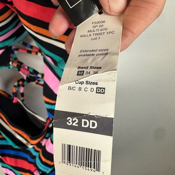 Vibrant Striped Cutout One Piece Swimsuit Corset Back 32 DD Tie neck underwire - Picture 2 of 7